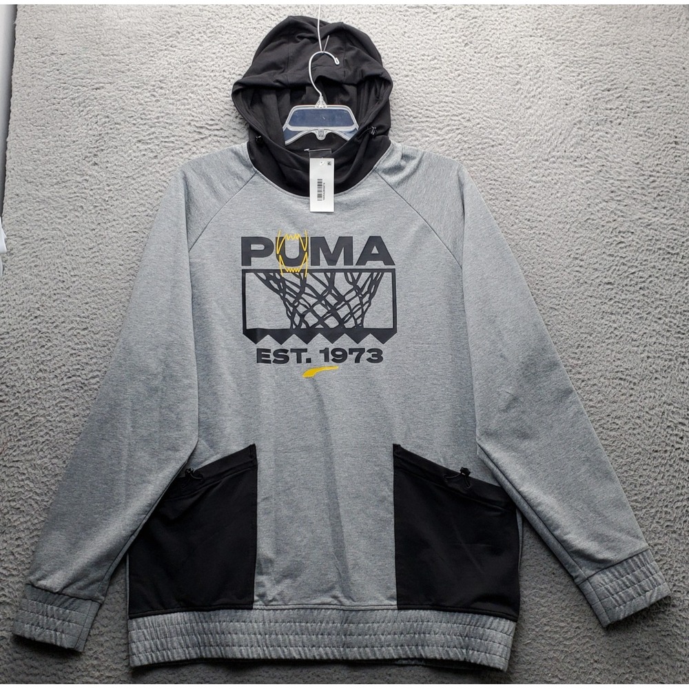 PUMA Hoodie Mens L Gray Graphic Tech Print Fastening Drawstring Stretch Pullover